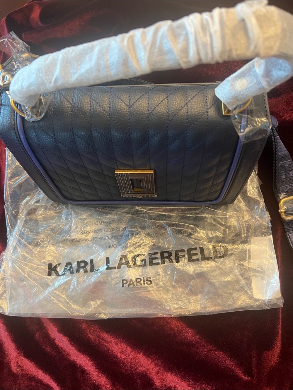Karl Lagerfeld Quilted Crossbody Bag in Dark Navy with Gold Hardware